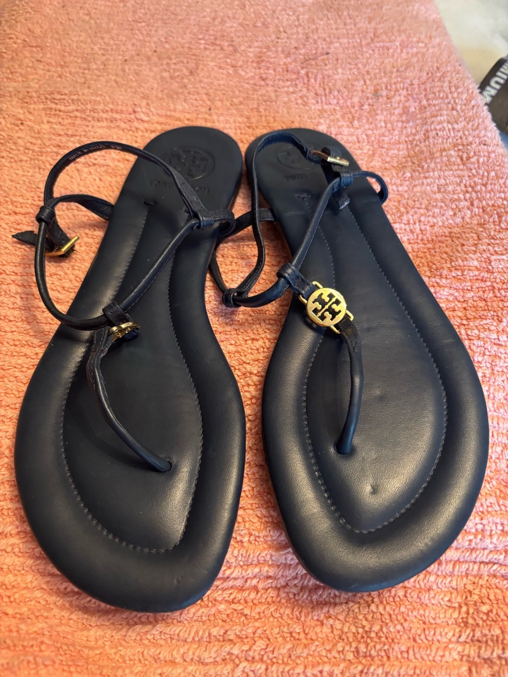 Tory Burch Navy Leather T-Strap Sandals with Gold Logo